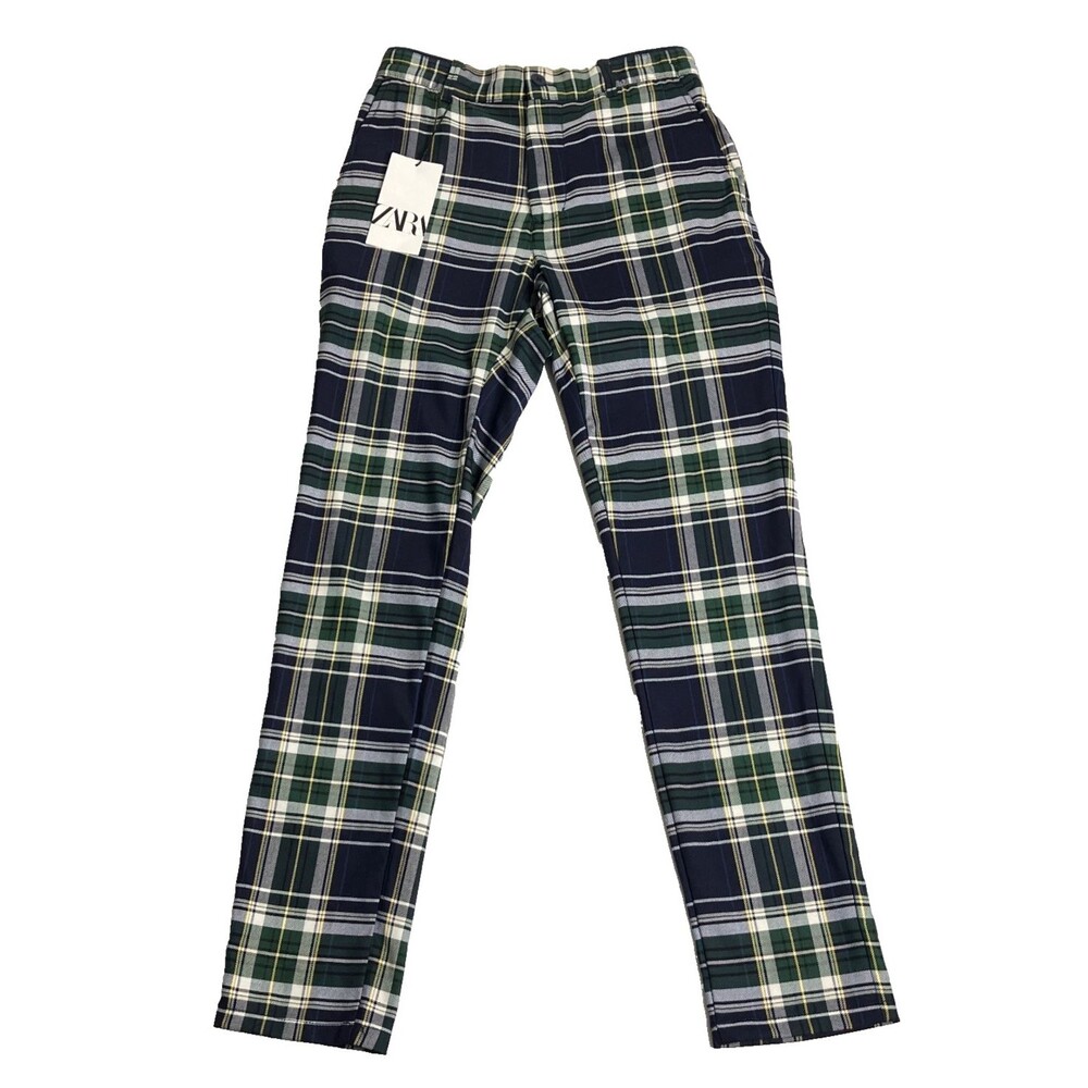 Zara Carrot Fit Pants Womens US 29 Blue Tartan Plaid Tapered Leg Preppy Academia
